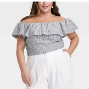 Women's Slim Fit Ruffle Sleeve Off the Shoulder Linen Blouse A New Day Blk/Wh M